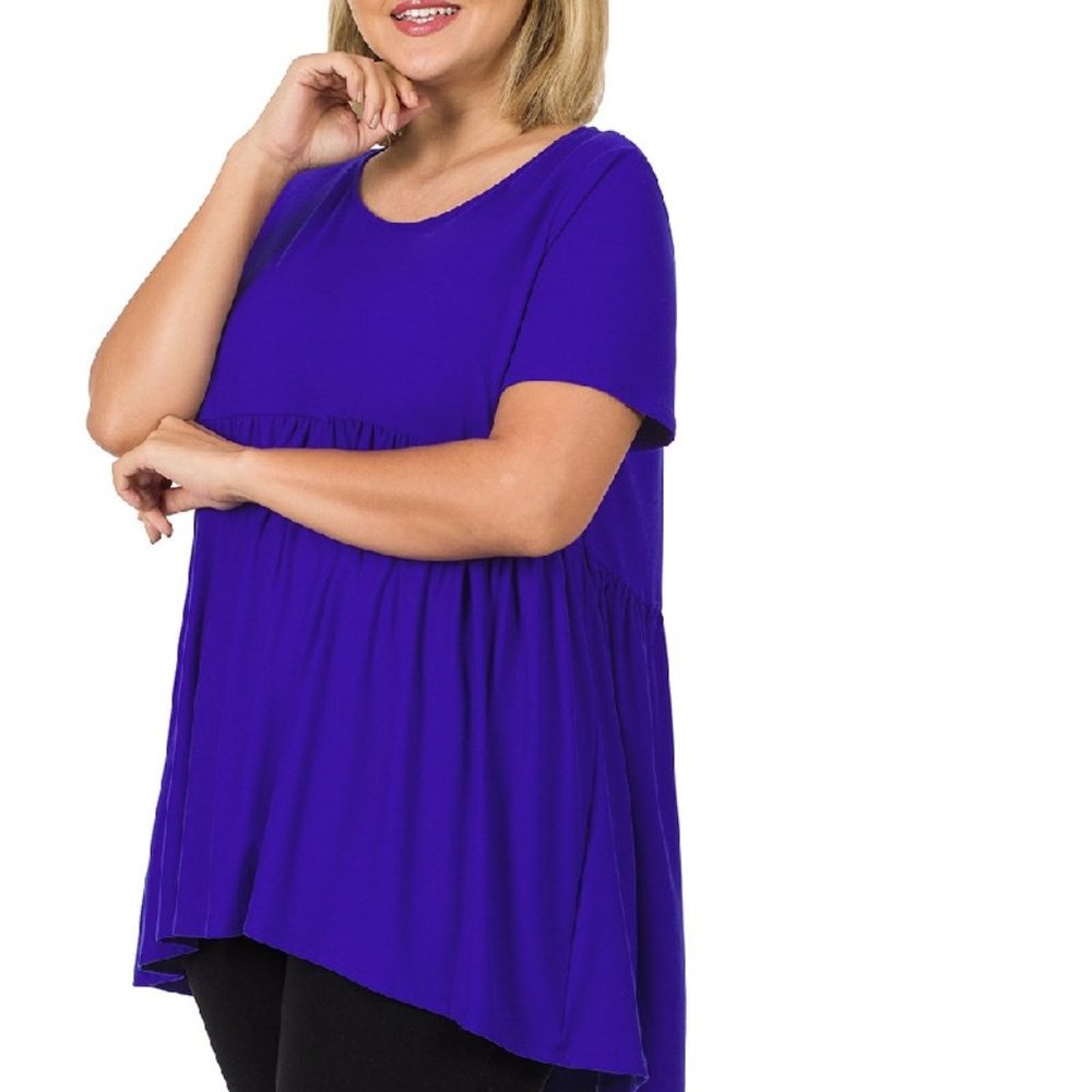 Zenana Top Plus Size Short Sleeve High Low Empire Waist Bright Blue 1X 2X 3X